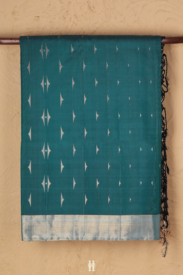 Soft Silk Saree In Dark Teal Blue With Zari Buttas