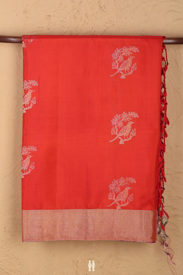 Soft Silk Saree In Bright Orange With Birds Motifs