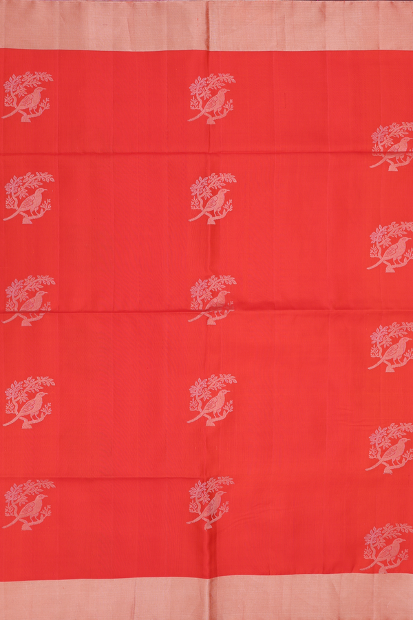 Soft Silk Saree In Bright Orange With Birds Motifs