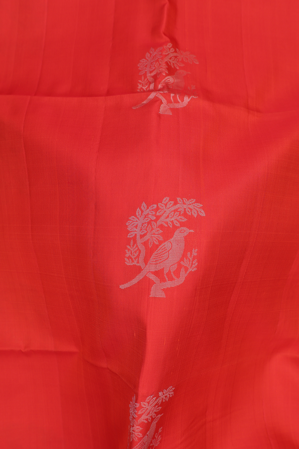 Soft Silk Saree In Bright Orange With Birds Motifs