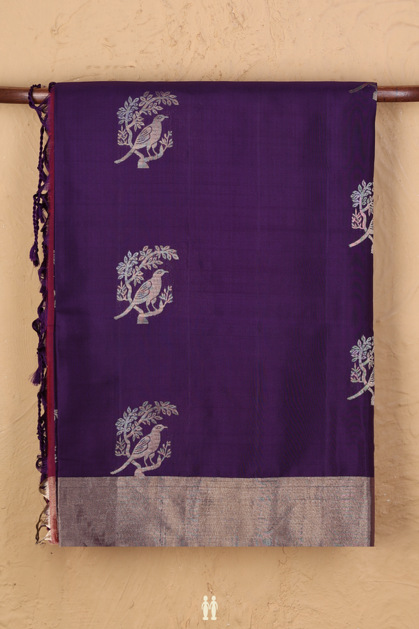 Soft Silk Saree In Deep Purple With Birds Motifs