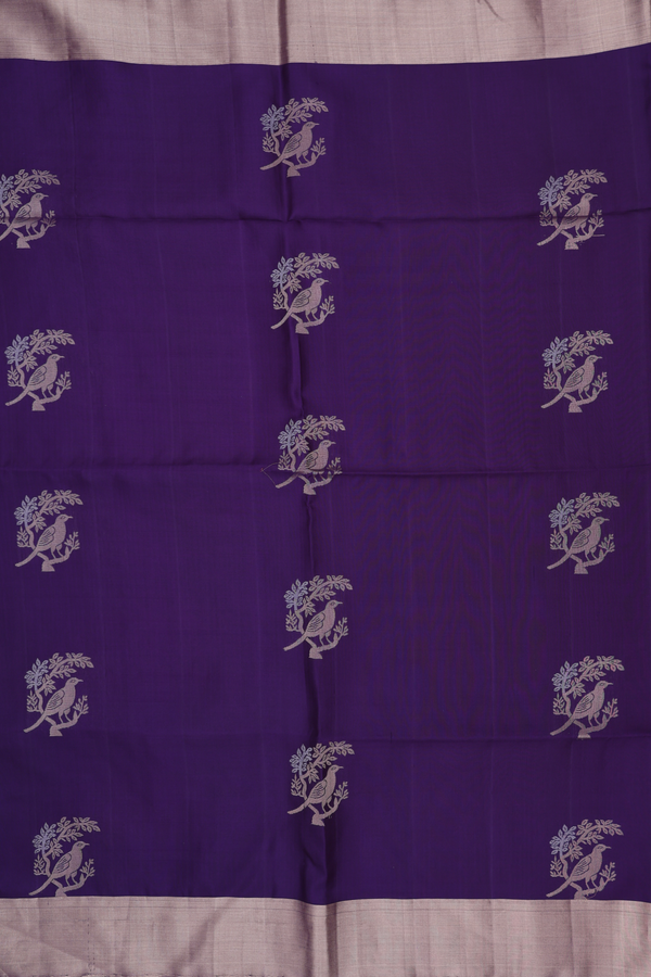 Soft Silk Saree In Deep Purple With Birds Motifs