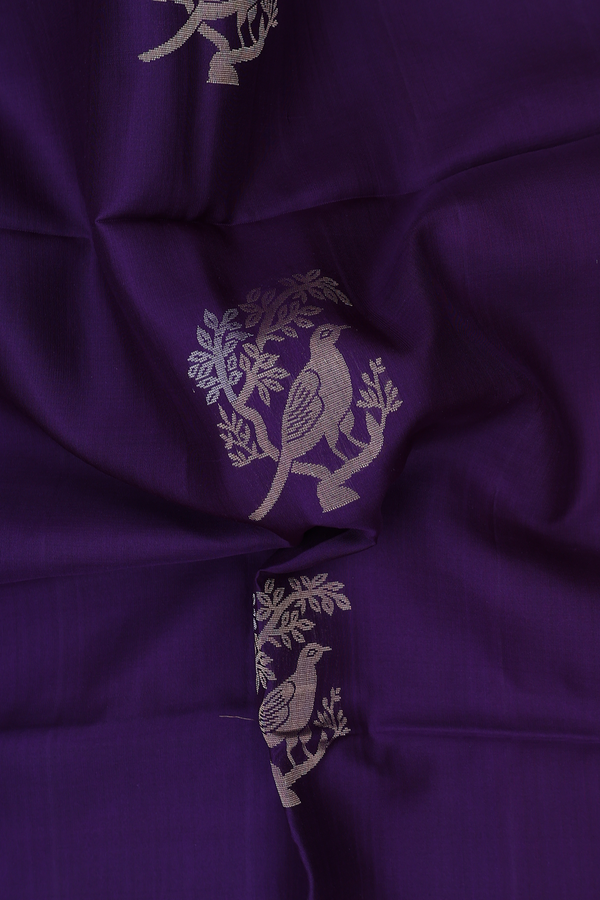 Soft Silk Saree In Deep Purple With Birds Motifs