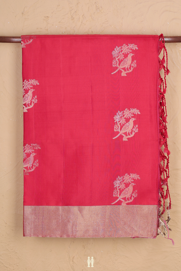 Soft Silk Saree In Chilli Red With Birds Motifs