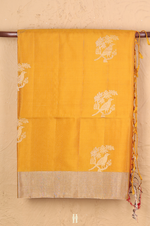 Soft Silk Saree In Yellow With Birds Motifs