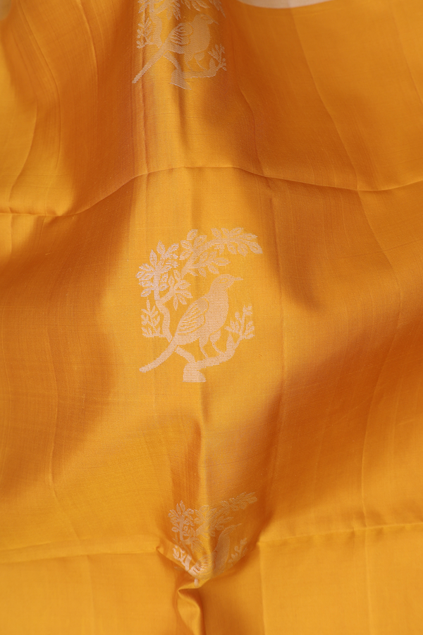 Soft Silk Saree In Yellow With Birds Motifs