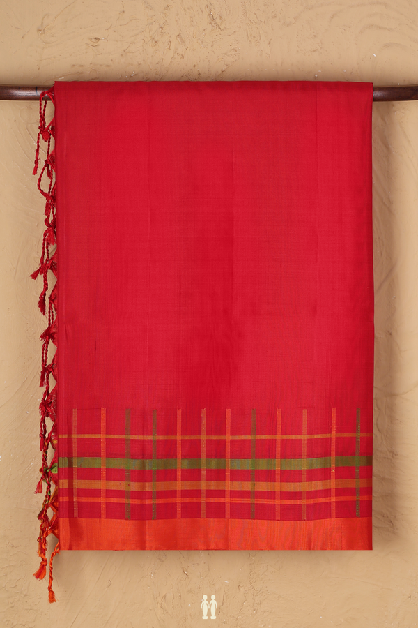 Soft Silk Saree In Scarlet Red With Checks Border