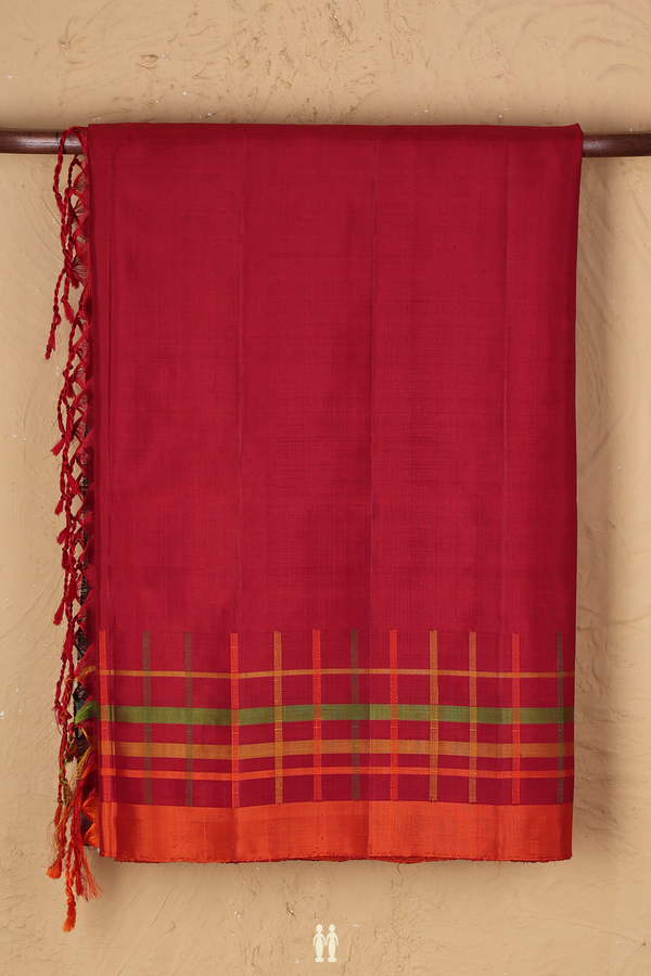 Soft Silk Saree In Crimson Red With Checks Border