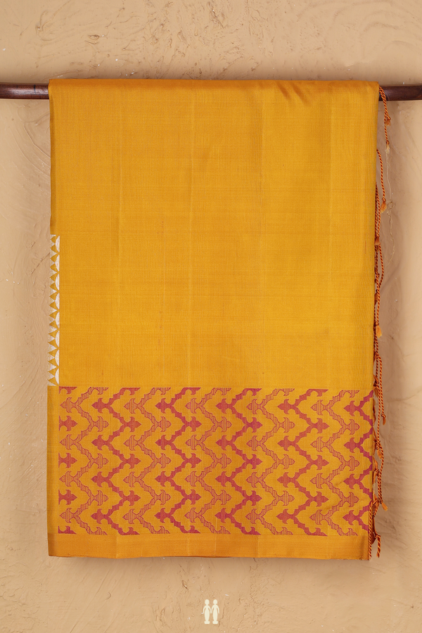 Soft Silk Saree In Saffron Yellow With Geometric Design