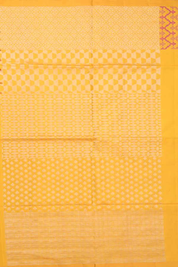 Soft Silk Saree In Saffron Yellow With Geometric Design