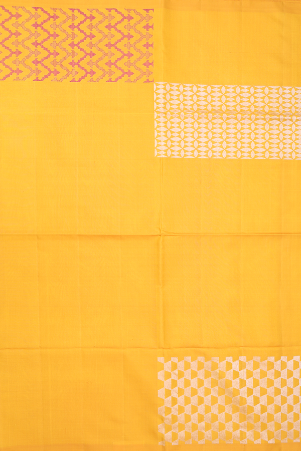 Soft Silk Saree In Saffron Yellow With Geometric Design