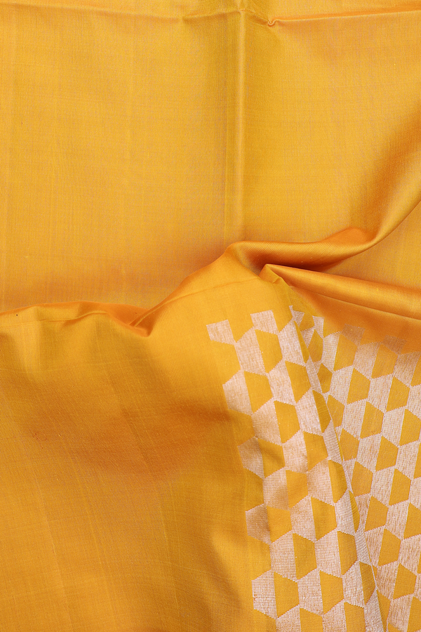 Soft Silk Saree In Saffron Yellow With Geometric Design