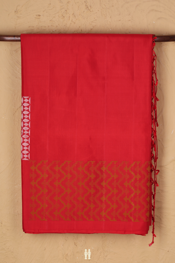Soft Silk Saree In Chilli Red With Geometric Design