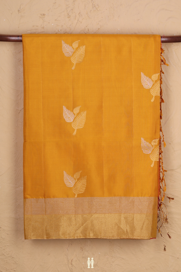 Soft Silk Saree In Golden Yellow With Leaf Design