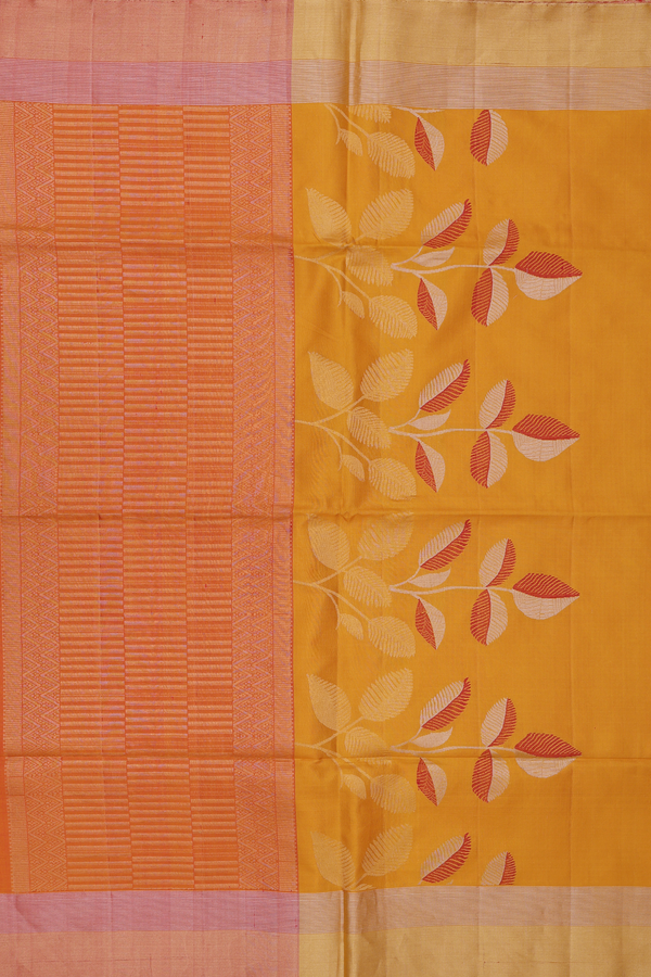 Soft Silk Saree In Golden Yellow With Leaf Design