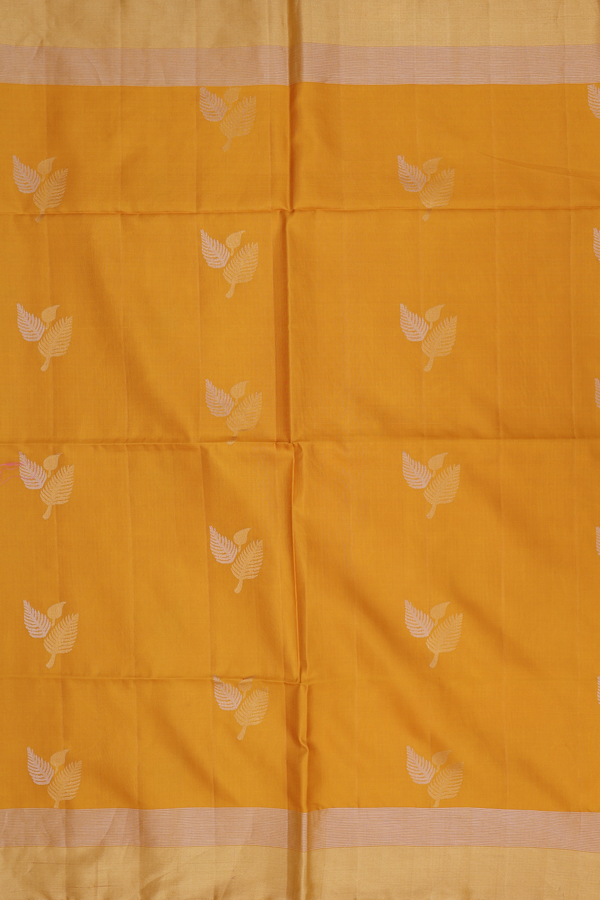 Soft Silk Saree In Golden Yellow With Leaf Design