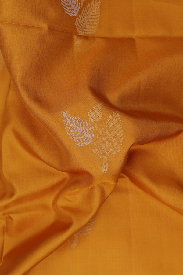 Soft Silk Saree In Golden Yellow With Leaf Design