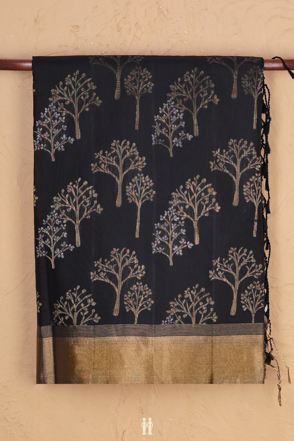 Soft Silk Saree In Black With Tree Design