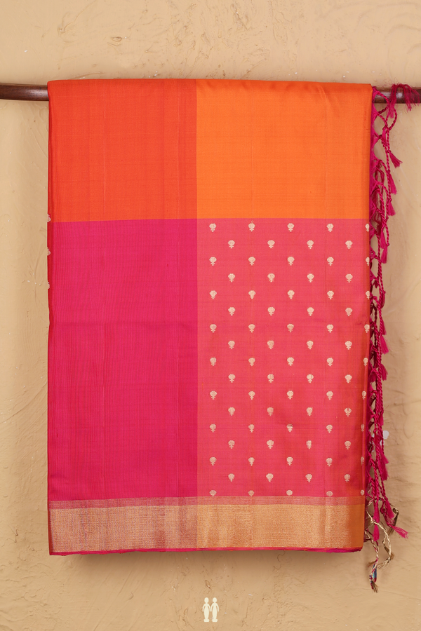 Soft Silk Saree In Pink And Orange With Checks Design