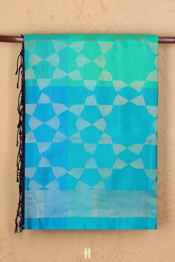 Soft Silk Saree In Blue And Green With Allover Design
