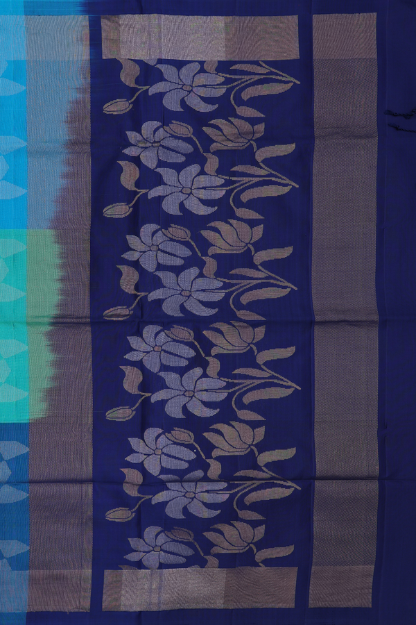 Soft Silk Saree In Blue And Green With Allover Design