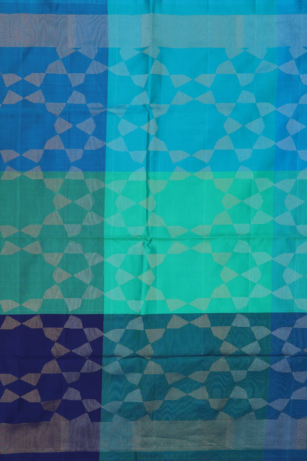 Soft Silk Saree In Blue And Green With Allover Design