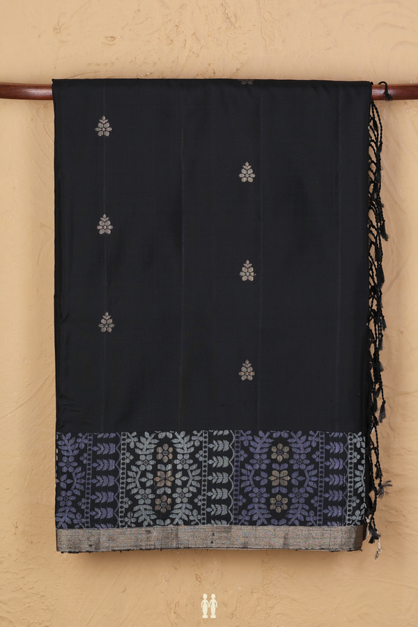 Soft Silk Saree In Black With Floral Buttas