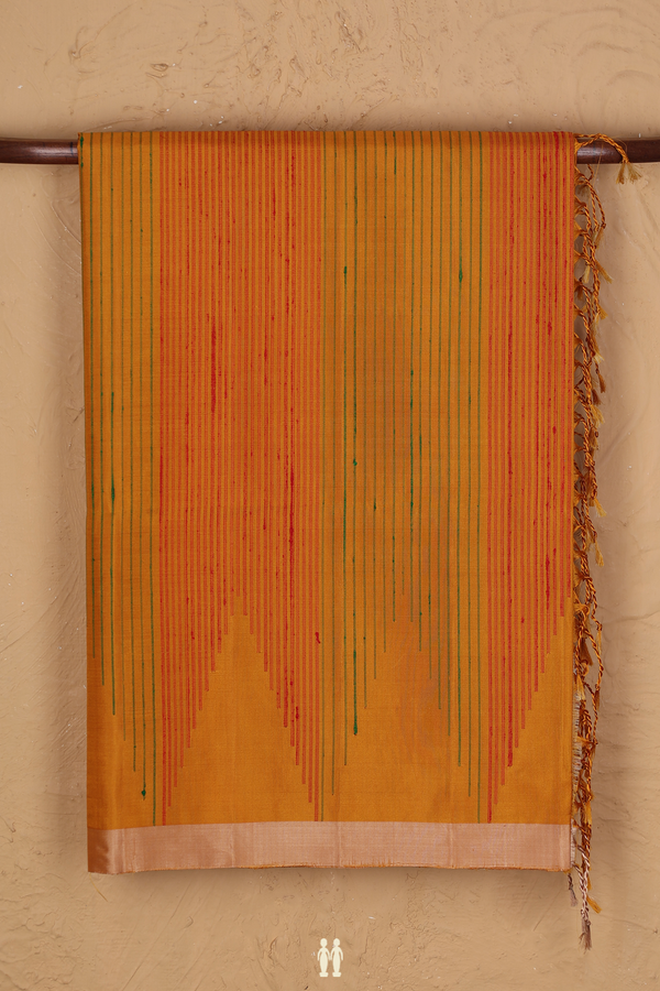 Raw Silk Saree In Golden Yellow With Temple Design