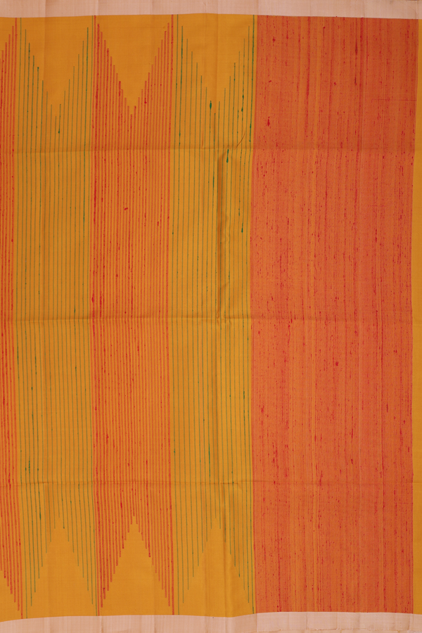 Raw Silk Saree In Golden Yellow With Temple Design