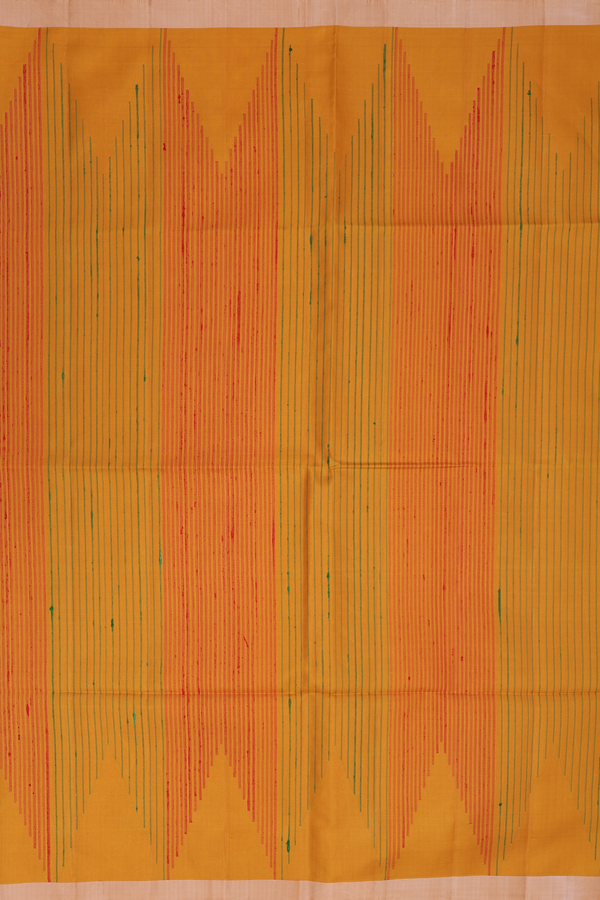 Raw Silk Saree In Golden Yellow With Temple Design