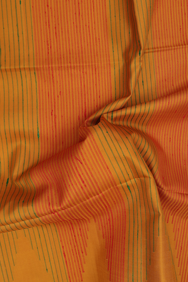 Raw Silk Saree In Golden Yellow With Temple Design