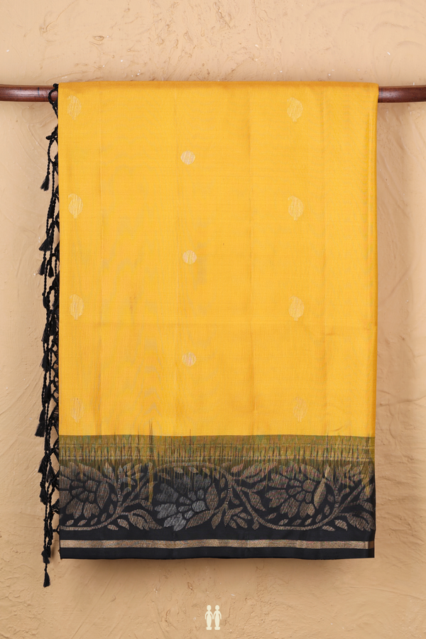 Soft Silk Saree In Saffron Yellow With Paisley Buttas