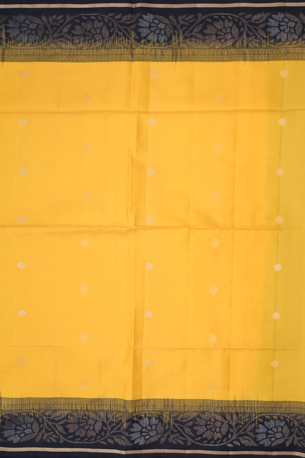 Soft Silk Saree In Saffron Yellow With Paisley Buttas