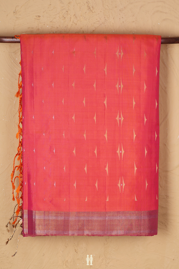 Soft Silk Saree In Coral Pink With Zari Buttas