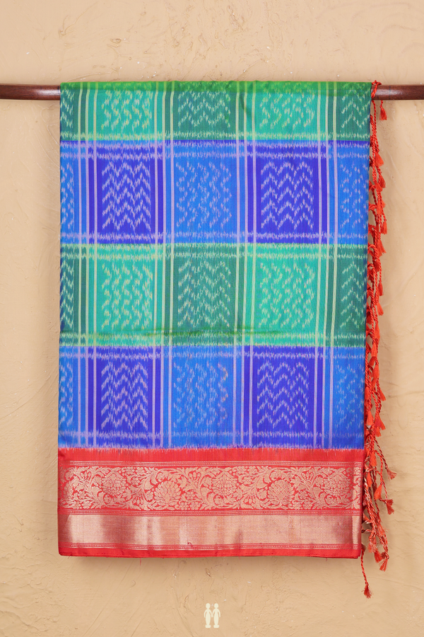 Soft Silk Saree In Green And Blue With Checks Design