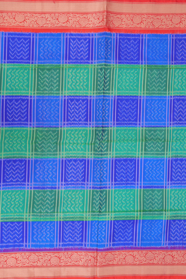Soft Silk Saree In Green And Blue With Checks Design