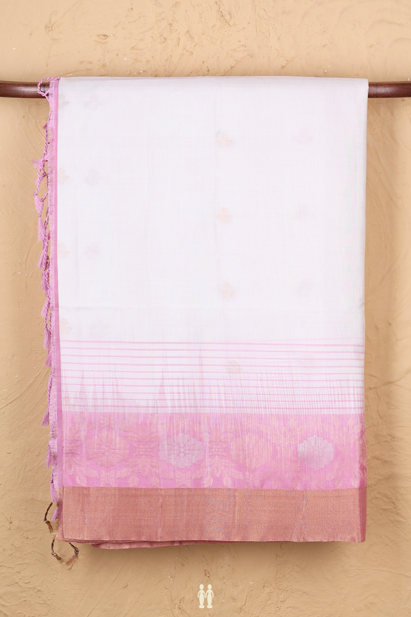 Soft Silk Saree In White With Zari Buttas