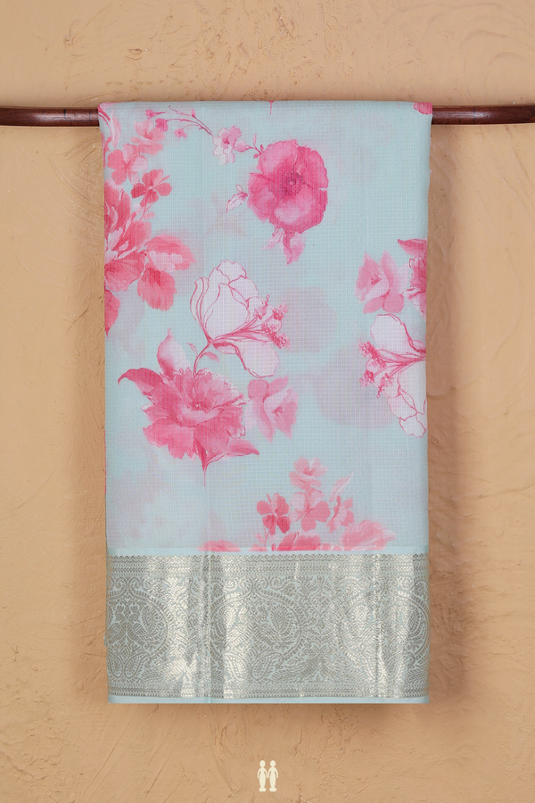 Kota Silk Saree In Pastel Blue With Floral Design