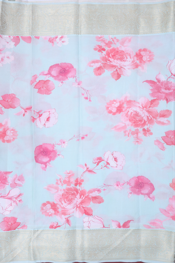 Kota Silk Saree In Pastel Blue With Floral Design