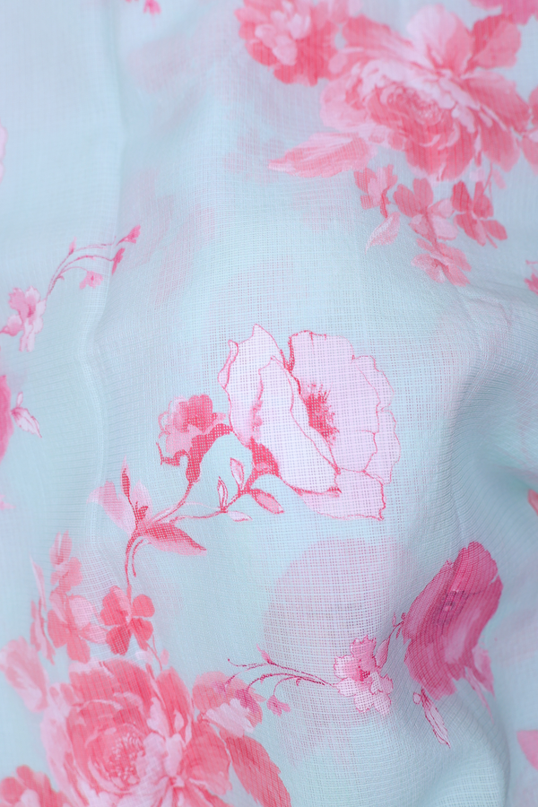 Kota Silk Saree In Pastel Blue With Floral Design