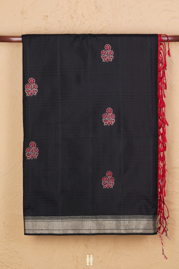 Soft Silk Saree In Black With Floral Motifs