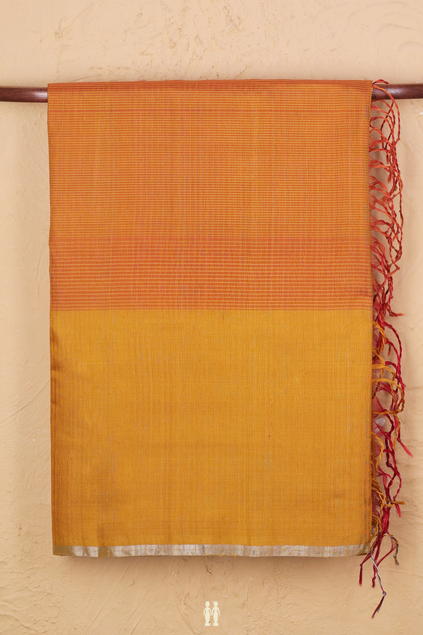 Soft Silk Saree In Yellow And Orange With Stripes Design
