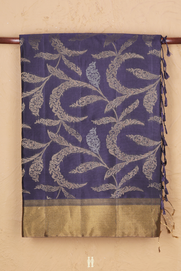 Soft Silk Saree In Pigeon Blue With Leaf Design