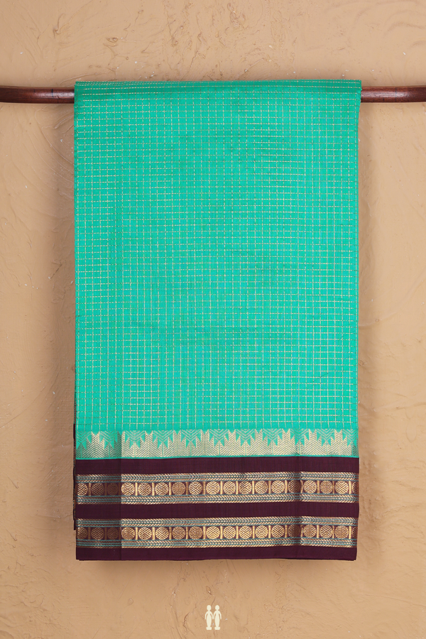 Silk Cotton Saree In Green With Checks Design