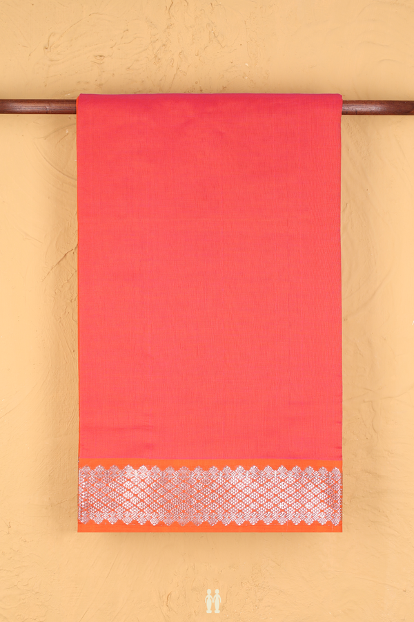 Poly Cotton Saree In Coral Red With Zari Border