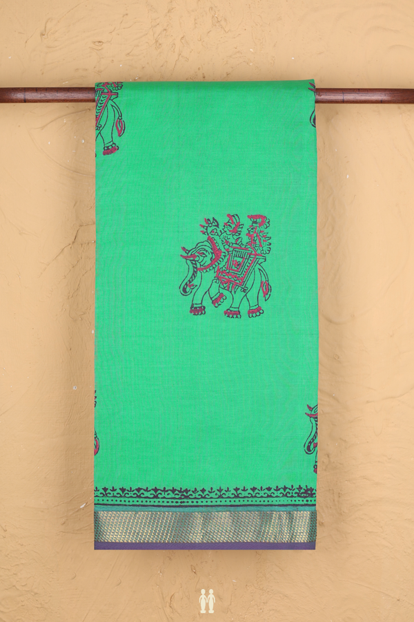 Semi Silk Cotton Saree In Green With Elephant Design