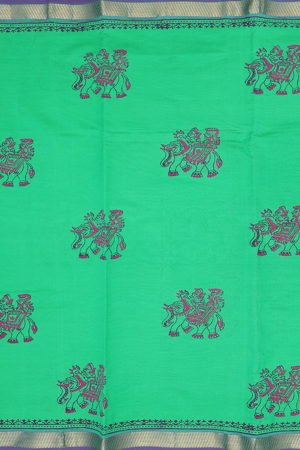 Semi Silk Cotton Saree In Green With Elephant Design