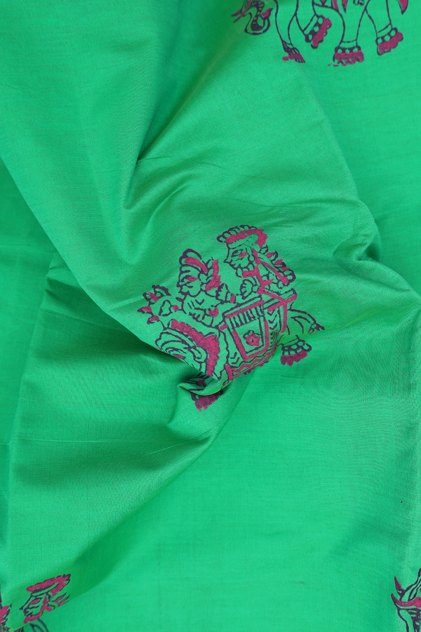 Semi Silk Cotton Saree In Green With Elephant Design