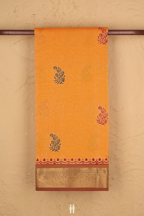 Semi Silk Cotton Saree In Orange With Printed Buttas