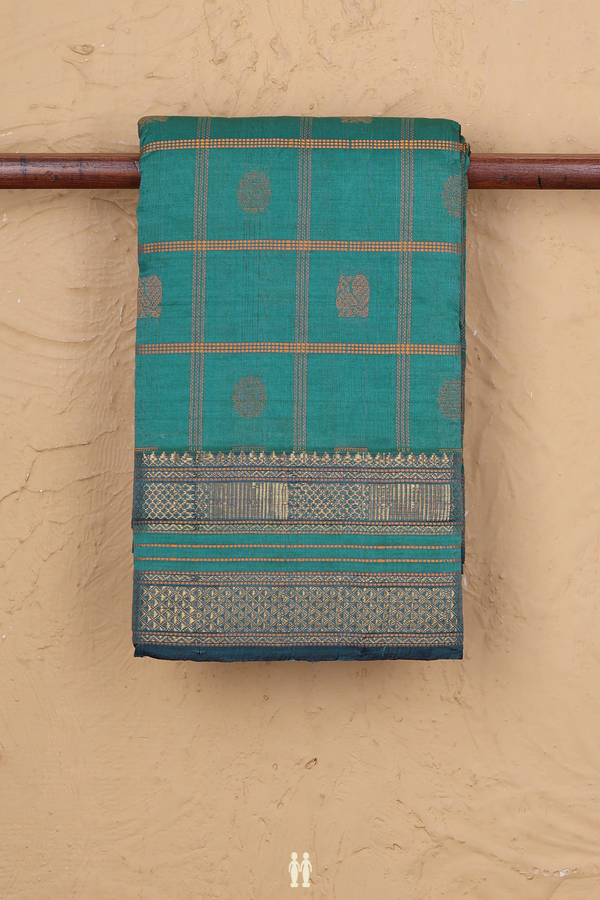 Kanchi Cotton Saree In Teal Blue With Checks Design